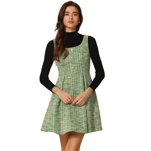 INSPIRE CHIC Women's Sleeveless Square Neck Plaid Fit and Flare Tweed Dresses Large Green