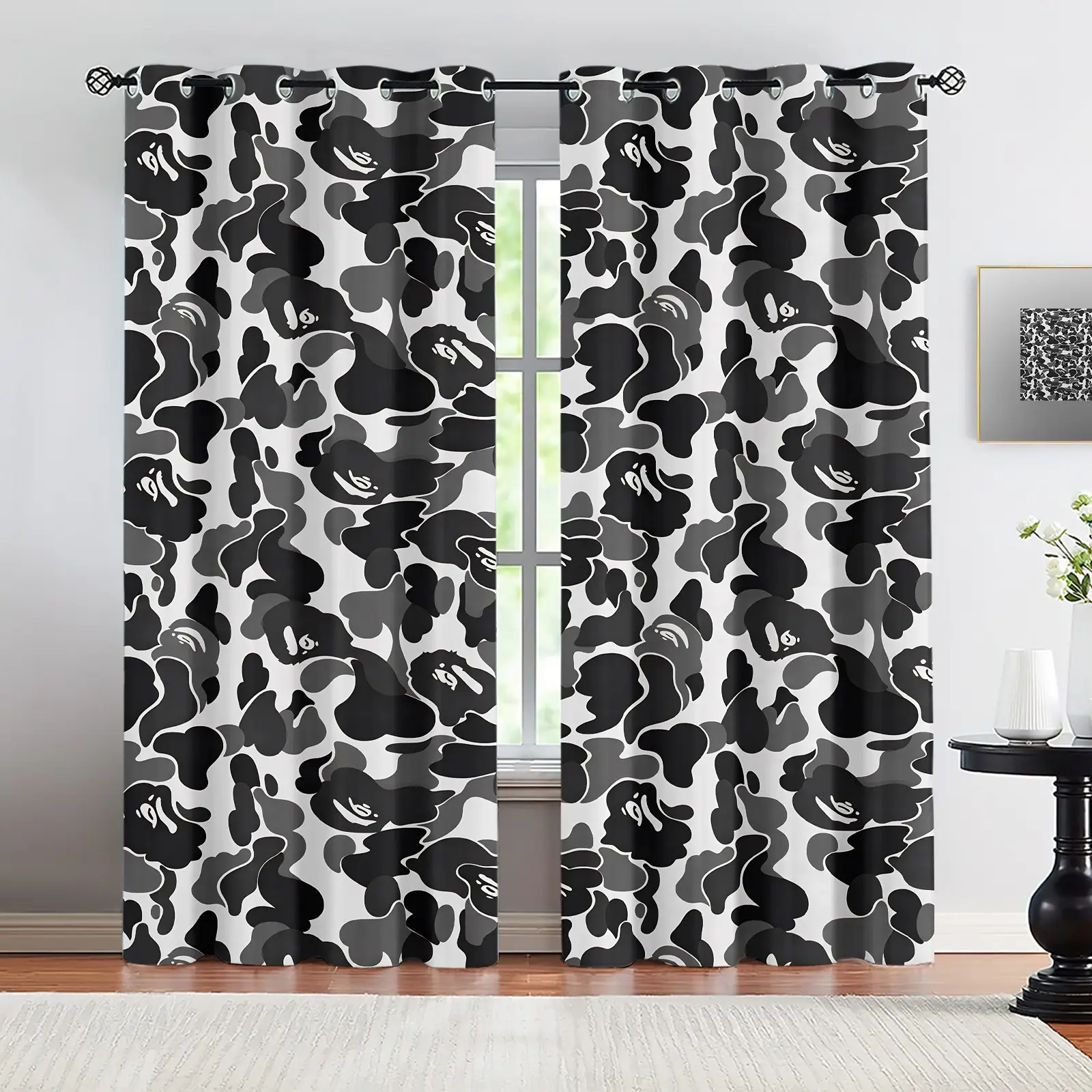 2 Panels Classic Black White Gray Camo Curtains, Streetwear Ape Head Print Curtains, Hip Hop Style Blackout Curtains, Home Decoration Curtain, Cool Boys Room Decor Curtains with Grommet Top, For Teens Bedroom Living Room Decor, Home Decorative Curtain