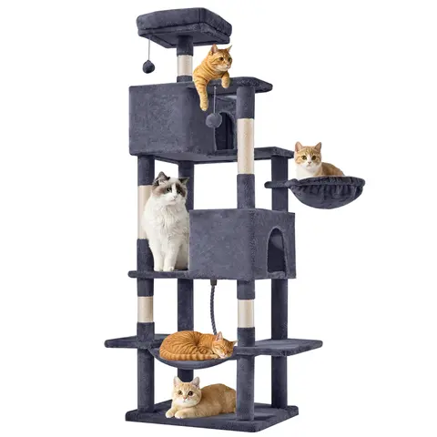 66 inch Large Cat Tree for Multiple Cats, Multi-Level Cat Tower with 2 Condos, 3 Perches, Hammock & Pompoms, Extra Wide Platform for Indoor Cats and Kittens Play