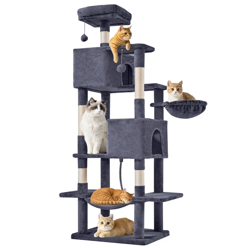 66 inch Large Cat Tree for Multiple Cats, Multi-Level Cat Tower with 2 Condos, 3 Perches, Hammock & Pompoms, Extra Wide Platform for Indoor Cats and Kittens Play