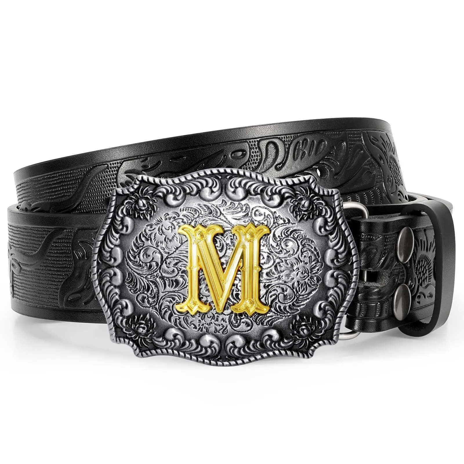 Western Cowboy Leather Belt Men Women  Initial Letters Abcjmz Buckle Embossed For Jeans