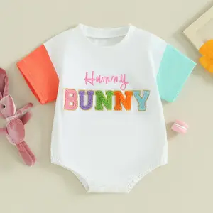 Imcute Infant Baby Girl Boy Easter Jumpsuit Fuzzy Letter Embroidery Round Neck Short Sleeve Romper Onesie Bodysuit Summer Clothes 0-18 Months