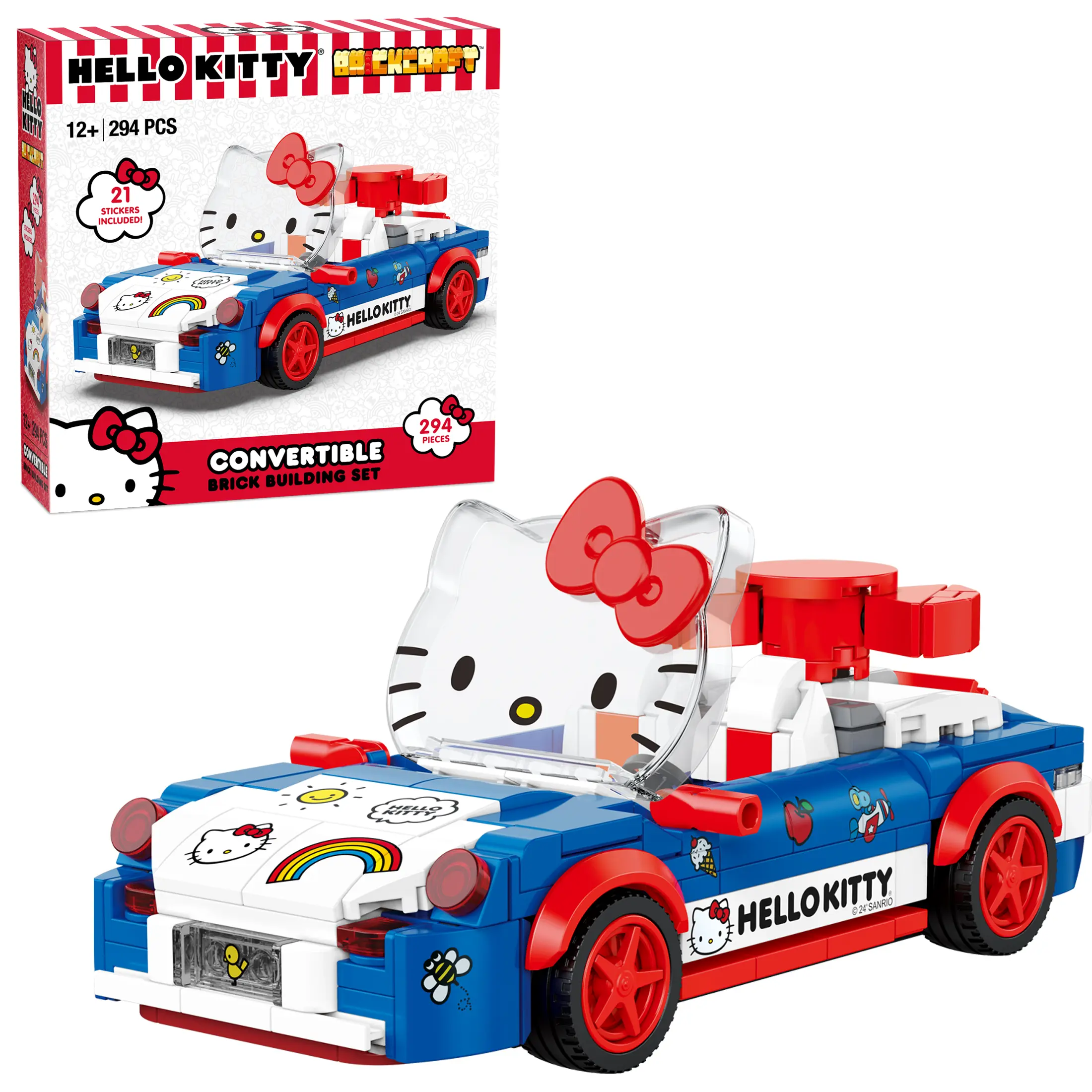 Brickcraft Hello Kitty Convertible Car Building Set, 294-Piece Sanrio Collectible Model Kit with Stickers for Fans & Collectors 12+