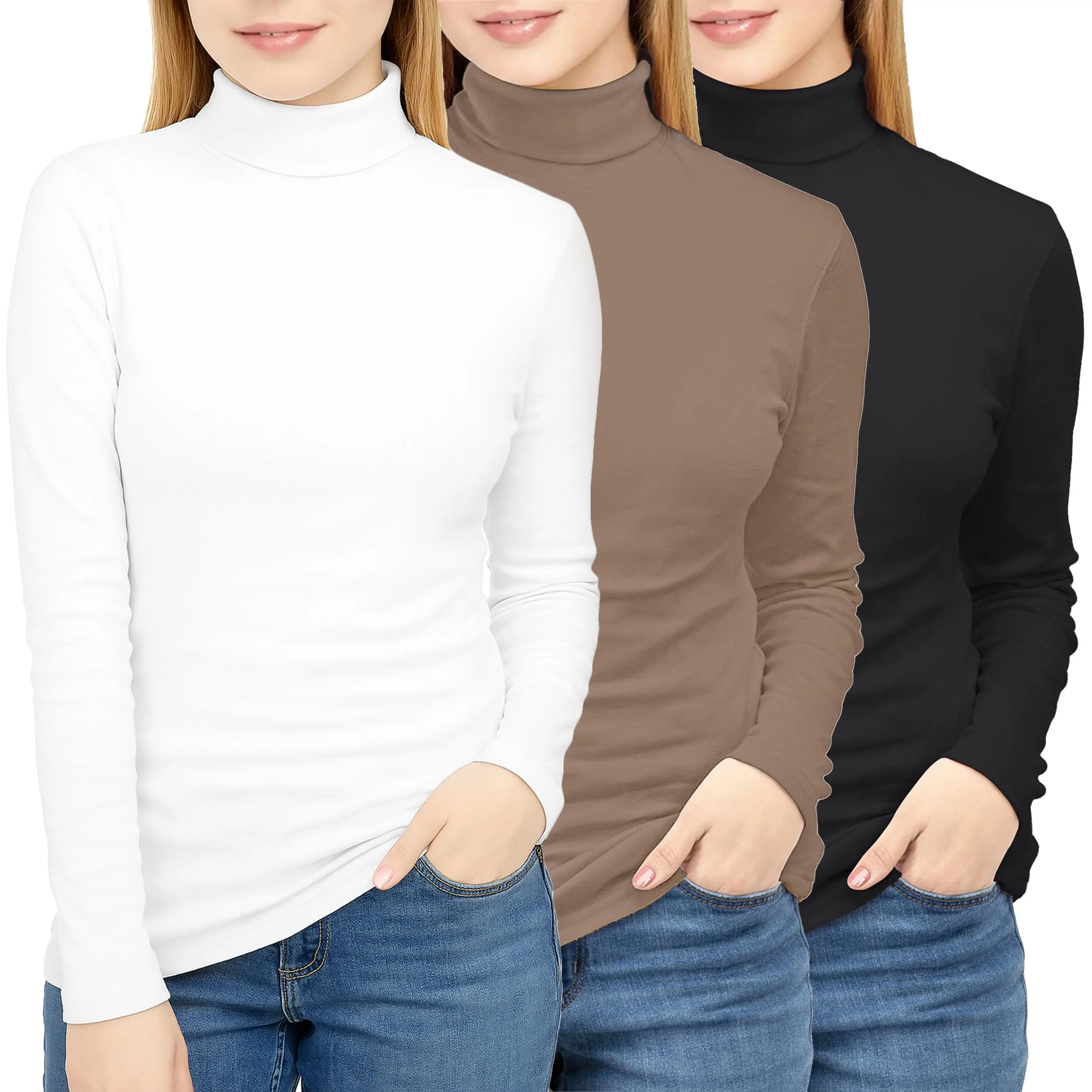 MALL LADY Women's 3-Pack High Neck Long Sleeve Tops, Slim Fit Warm Thermal Bottoming Shirts, Autumn Winter Fashion Basic Underwear (2026), Evening, Expandable, Turtleneck, Elegant, Chic, Club, Halloween