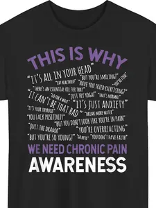 Chronic Pain Awareness T-Shirt -  Cotton Relaxed Fit Black Tee with Purple This Is Why We Need Chronic Pain Awareness Slogan & Pain Symptoms Chart, Soft Breathable Casual Advocacy S
