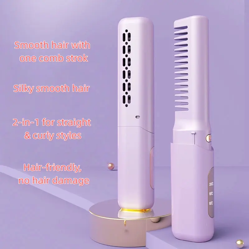 New LCD Mini Straightening Comb, Portable Wireless Comb, Dual-Purpose for Straightening and Curling, Travel-Friendly Comb
