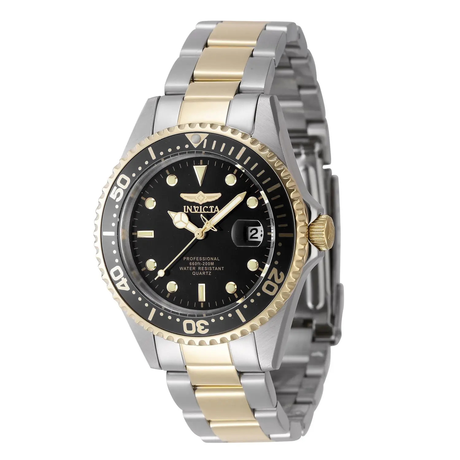 Invicta Pro Diver Men's Fashion Watch - 37.5mm Refined Size, Black Matte Dial, 2-Tone Steel-Gold Steel Strap, Black Coin Edge Bezel, Gold Numerals, Japanese Quartz 3-Hand Movement, Screw-Down Crown, 200m Waterproof, Business Use Classic Diver, Watches