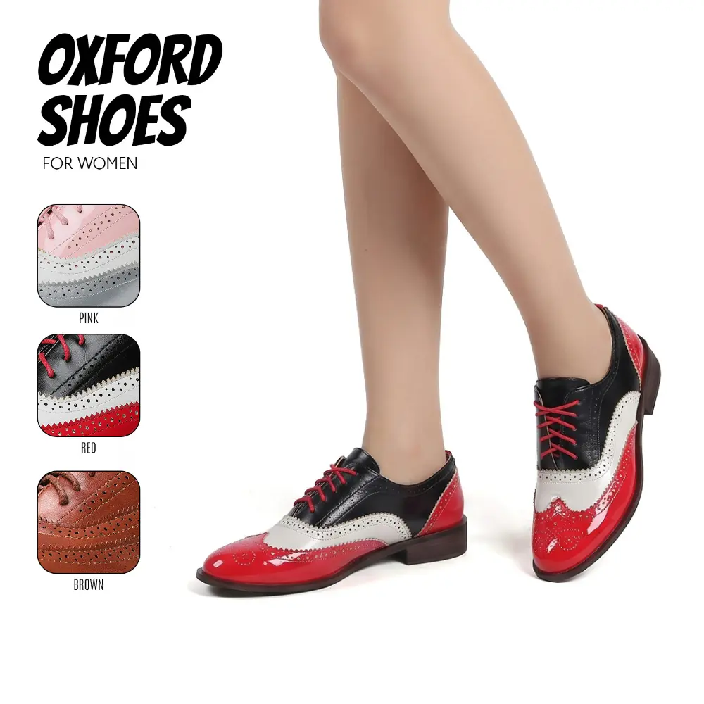 Oxford Shoes For Women Round Toe Chunky Block Heel Lace Up Wingtip Brogue Shoes Cutout Oxfords Saddle Shoes Vintage Retro Dress Shoes Slip On Work Office Casual Party Formal Fashion Footwear