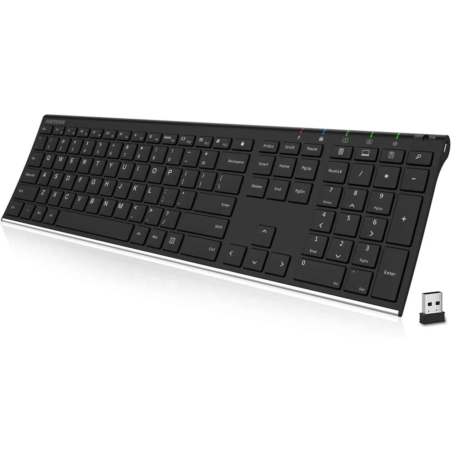 Arteck HW192 2.4G Wireless QWERTY Keyboard - Metal Stainless Steel Ultra-Slim Full-Size with Numeric Keypad, Built-In Rechargeable Battery Powered (6 Months Lifespan) for Windows 10/8/7 Laptops, Desktops