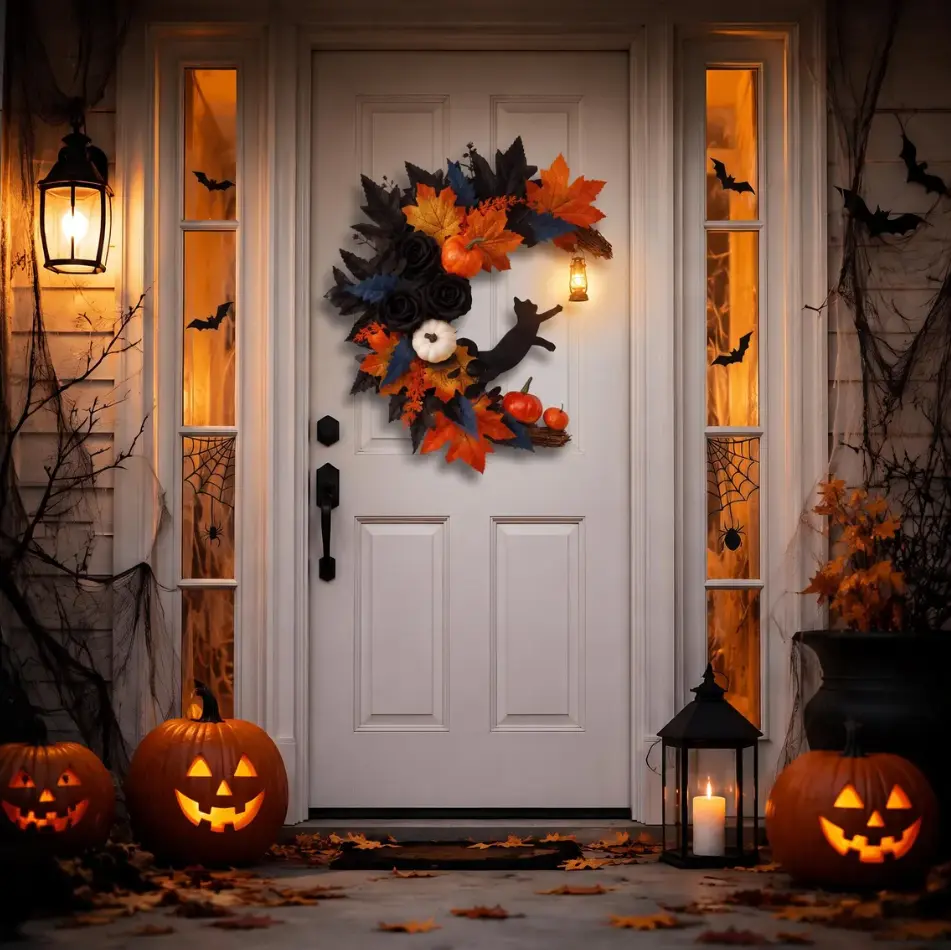 Light Up Halloween Wreath for Front Door - Spooky Crescent Moon Decor with Black Cat, Pumpkins, Black Roses, and Hanging LED Lantern, Fall Autumn Wreath for Home Entryway Wall Party Display Pumpkin Autumn Leaf Floral Wreath, Spooky Faux Flower Door Decor