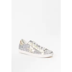 JUST FAB Women's Silver Glitter Star Low-Top Lace-Up Platform Sneakers - Dual-Color Gold Casual Trainers, Sneakers for Women, Streetwear & Everyday Footwear