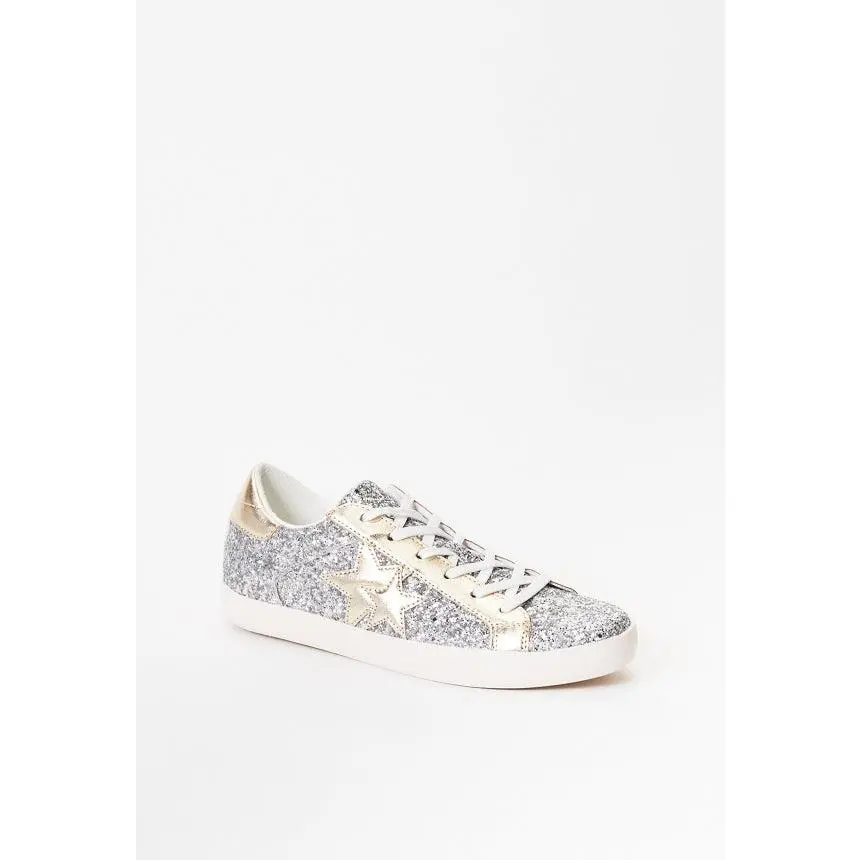 Women's Silver Glitter Platform Sneakers with Gold Star, Low-Top Lace-Up Bling Casual Trainers for Streetwear & Everyday Wear, Shoe, Walking Shoes