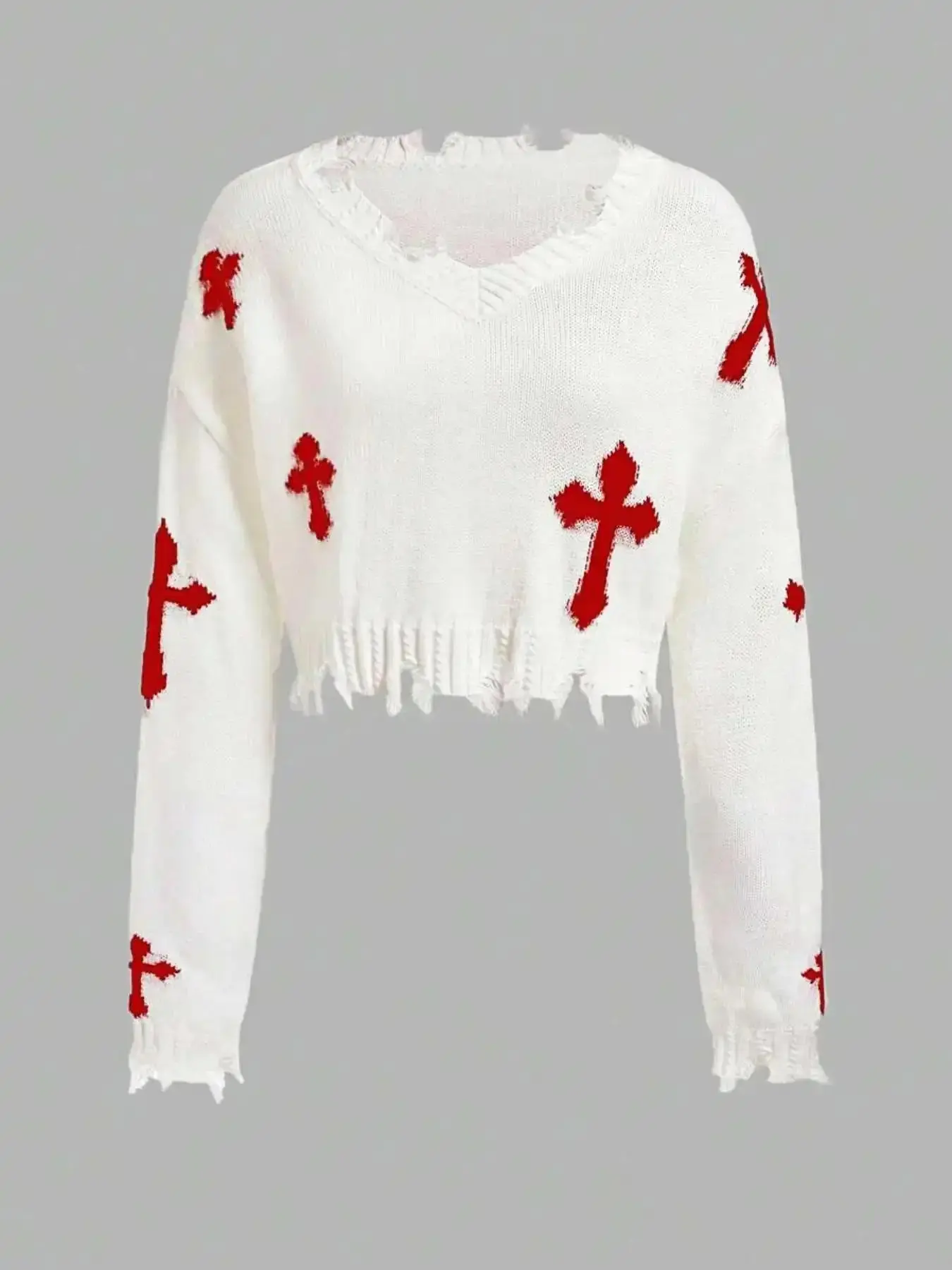 Women's Geometric Cross Print Ripped Drop Shoulder Crop Sweater, Street Fashion Style Long Sleeve V Neck Jumper for Daily Outdoor Wear, Ladies Stretchy Knitwear Spring & Fall Clothes, Casual Women, Garment, Piece
