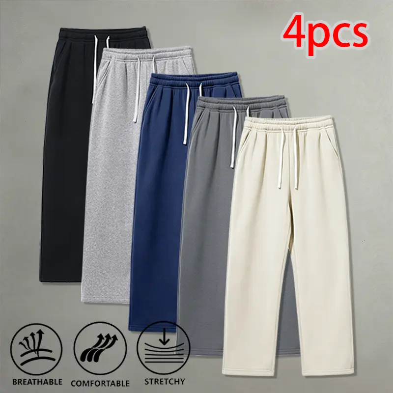 Solid-color drop-weight straight wide sweatpants set of four — breathable fabric, campus casual long pants for everyday wear