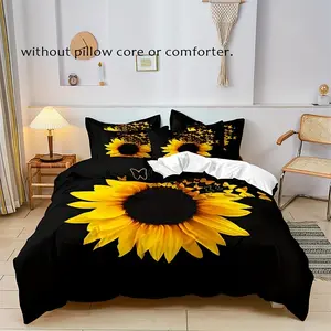 Nature-Inspired Bold Sunflower & Butterfly Fitted Sheet & Pillowcase Set, 1 Fitted Sheet + 2 Pillowcases, Perfect for Bedroom Decor, Butterfly Bedding