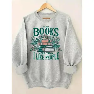 Women’s Loose-Fit Sweatshirt, “I Like Books More Than People” Print, Casual Crew Neck, Autumn/Winter Knitwear
