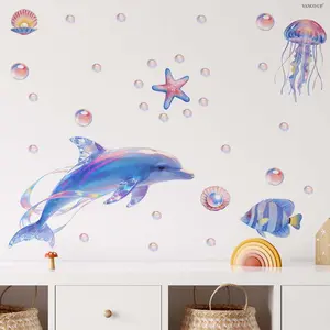 A (30*60cm) watercolor illustration style gradient blue-purple dreamy dolphin bubble flat frosted wall sticker for living room home background decoration, M21379-NC