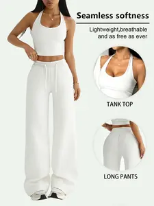 Women Solid Halter Tank Top & Wide Leg Pants Two Piece Set, Gym Workout Clothes, Slim Fit, Seamless Soft Breathable Fabric, Perfect for Gym Workouts, Daily Outings & Casual Loungewear