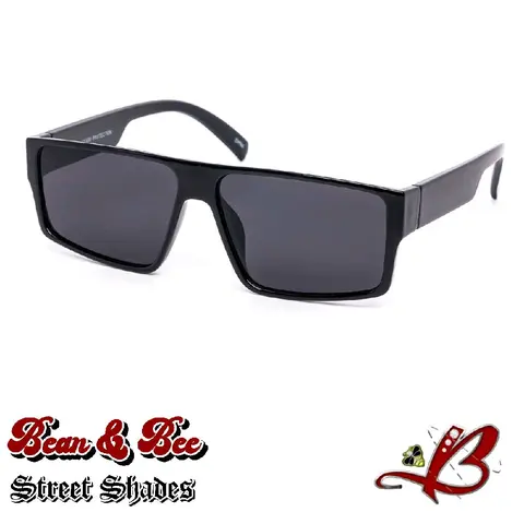 Mad OG No Label Locs Street Shades Flat Top Dark Lens Glossy or Matte Black Finish Frame All Black Gangsta Cholo Biker For Men or Women Unisex Logo Free Sunglasses Bean & Bee Boutique