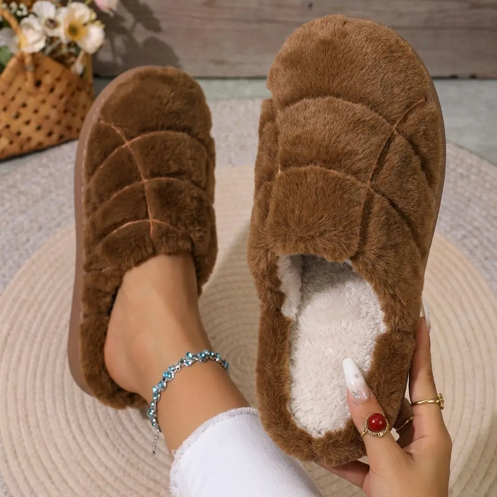 Women's Quilted Plush Mule Slippers - Cozy Fuzzy Warm Cotton Home Shoes, Warm Fleece Lined, Non-Slip Indoor Winter Safe, 8-8.5men/10-11women Size Options