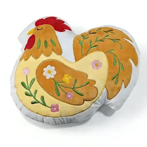 Embroidered Rooster Plush Pillow, Soft Short Velvet Material, 3D Floral Embroidery, Zodiac Theme, Cozy Farmhouse Style, Living Room Decor