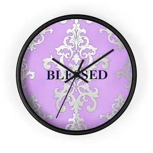 Lilac & Silver Damask "BLESSED" Statement Wall Clock Decor Metal Hanging Room