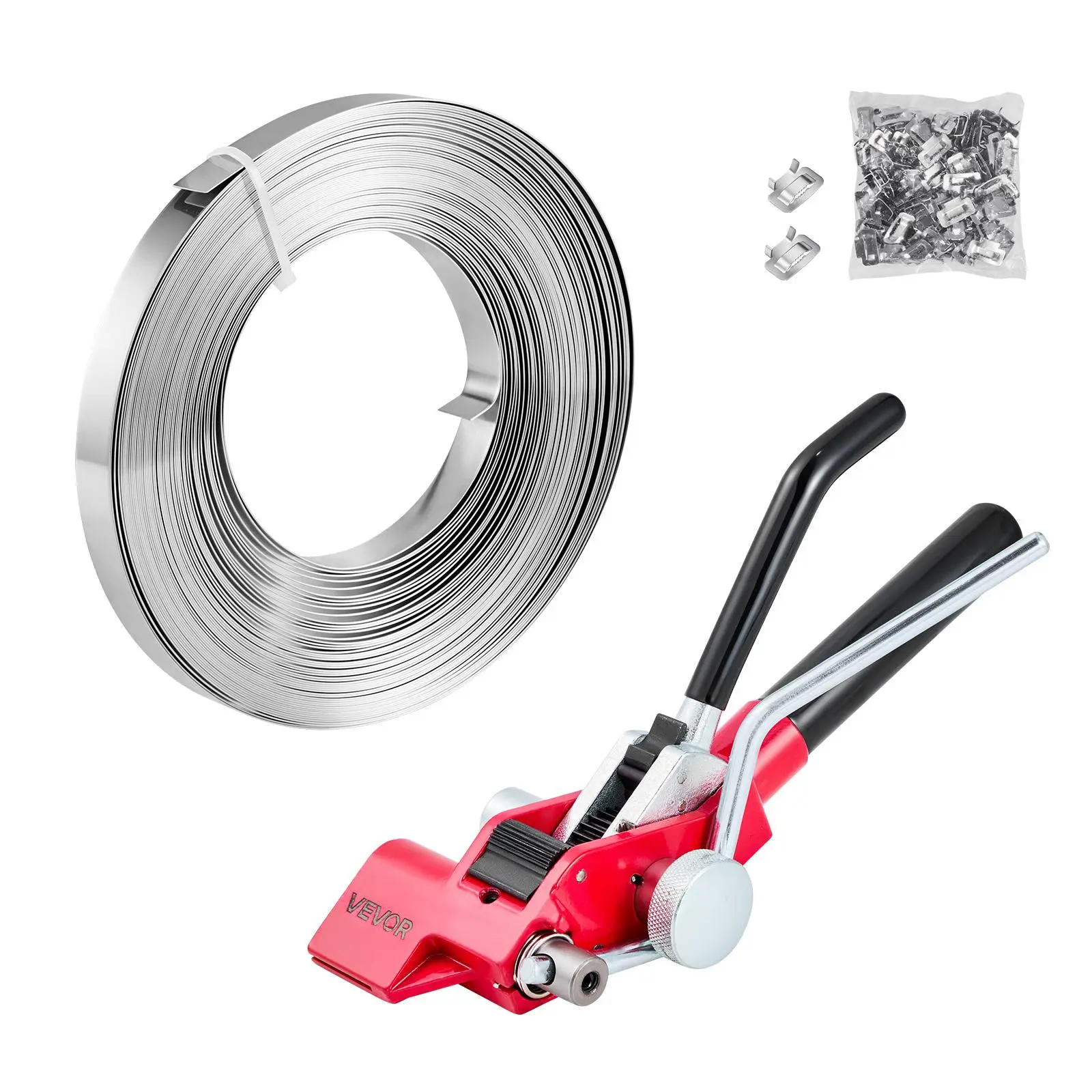 VEVOR Stainless Steel Banding Strapping Kit - Heavy Duty Hand Tools Set with Ratchet Cutter, 100 ft Binding Straps, 100 Metal Clasps, Sealer Tool for Horizontal-Vertical Warehouse, Industrial Bundling