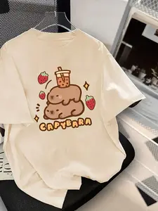 Girl's Cartoon Print Round Neck Tee, Fashion Casual Crew Neck T-shirt for Daily Holiday Vacation Outdoor Wear, Kids Clothes for Summer, Graphic Print Shirt