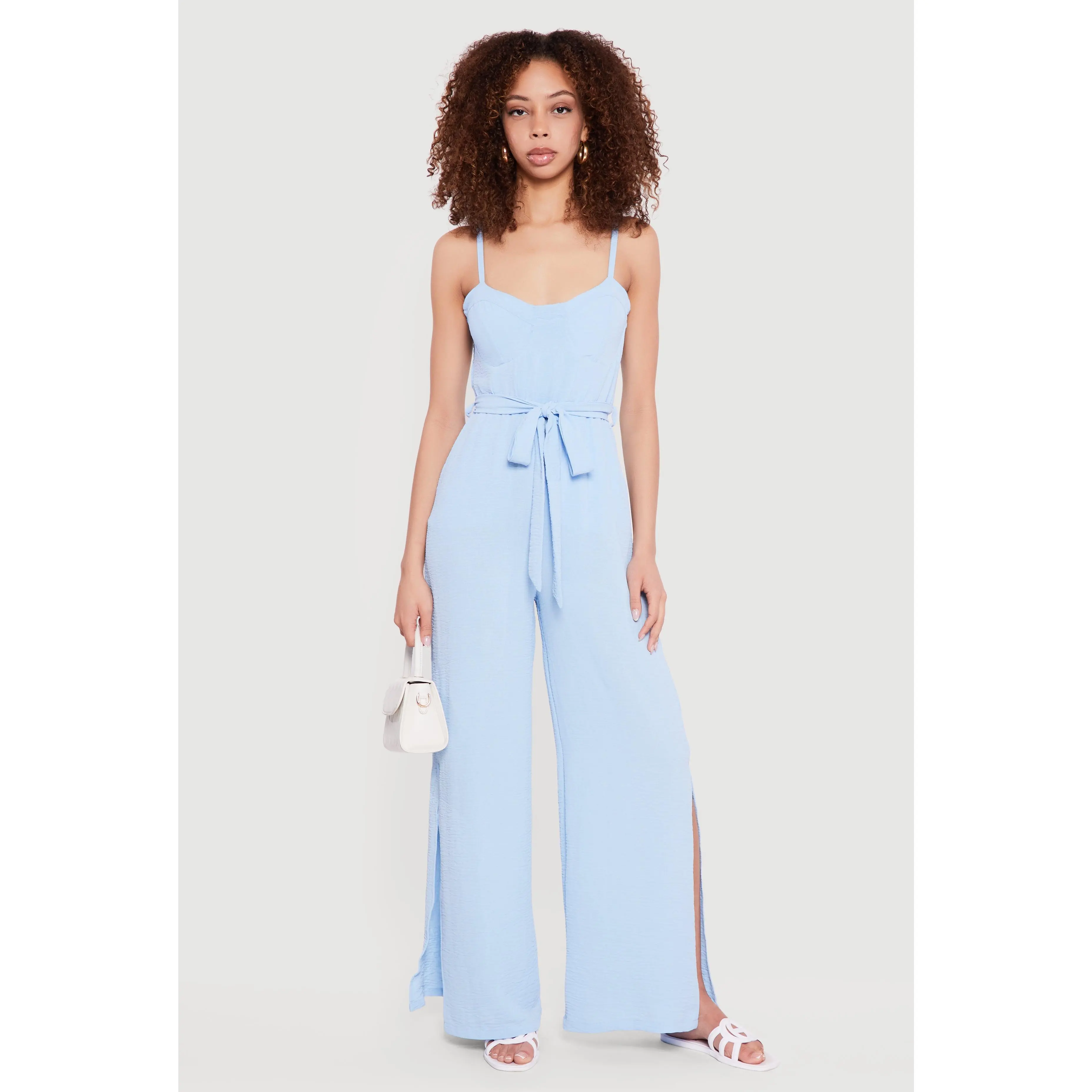 Crepe Knit Tie Waist Belted Side Slit Bustier Jumpsuit