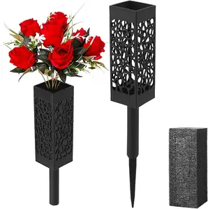 Cemetery Artificial Flower Vase with Foam for Grave Decorations 2 Headstones Fake Floral Holder with Spike Outdoor Tombstone Markers Memorials
