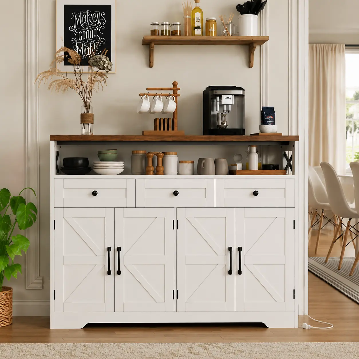 [Summergarden] Vabches Farmhouse Buffet & Sideboard Cabinet - White Wooden Construction Pantry with Multiple Drawers, Cupboard Hutch, Coffee Bar Station for Kitchen, Living Room,dorm essentials,home decor