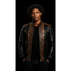 Black & Brown Python-Print Leather Bomber Jacket