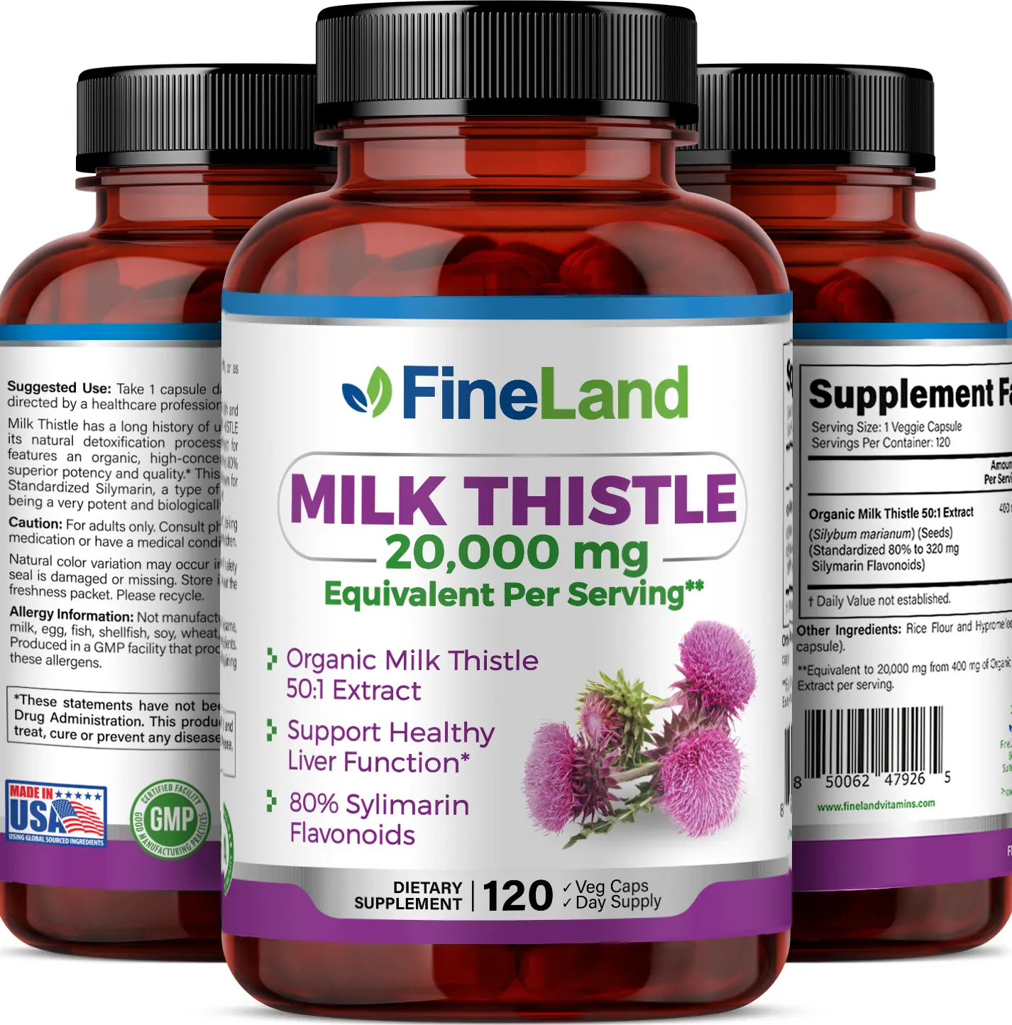 FineLand MILK THISTLE 50x MAX STRENGTH, 20,000mg Eq. Per Capsule, 120 Veggie Capsules, Liver Support, 100% Vegan, All Natural Supplement Healthcare Fitness blood sugar complex Strawberry Biotin Vitamin Gummies