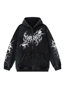 Men's Vintage Washed Tie-Dye Spider Cardigan Jacket, Trendy Fashion Casual Zip-Up Graphic Hoodies, American Style Dark Watercolor Print Coat