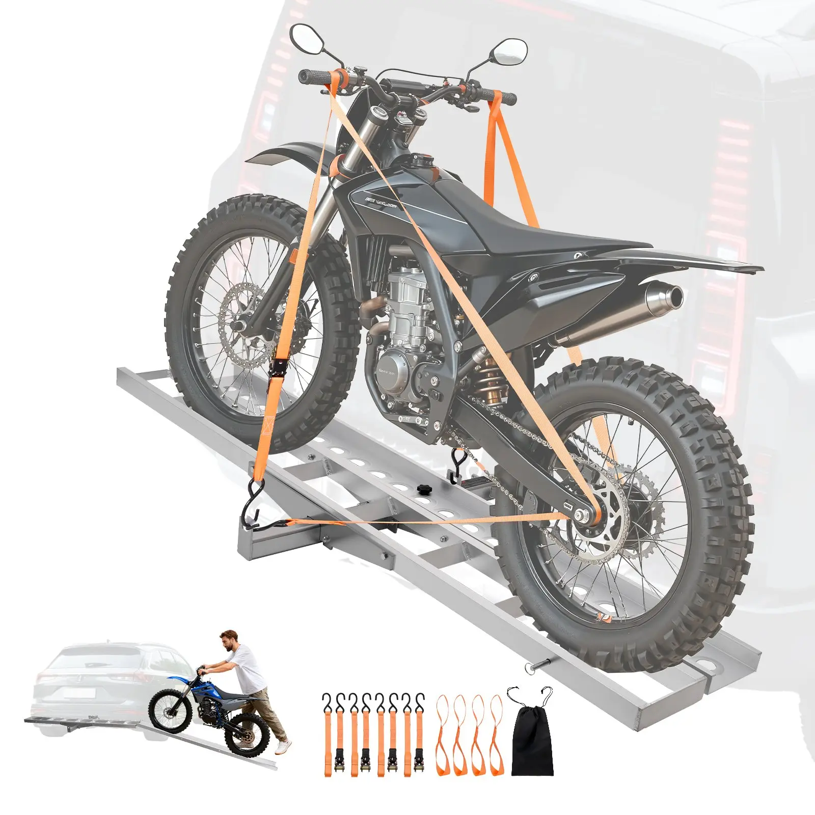 VEVOR Heavy-Duty Aluminum Motorcycle Carrier, 400 lbs Capacity, 73in Loading Ramp, Straps Stabilizer, Hitch Pin, Scooter Dirt Bike Hauler for Car Truck with 2-Inch Hitch Receiver