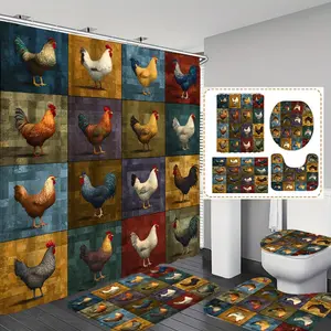 Chicken Grid Print Shower Curtain Set, 1pc/4pc Bathroom Accessories, Non-Slip Mat, U-Shaped Floor Pad, Toilet Seat Cover, Home Decoration