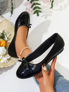 Women's New Classic Bow Low Heel Flat Shoes, Slip On Flats, Soft Sole Comfortable Office Work Shoes, Casual PU Leather Rubber Sole