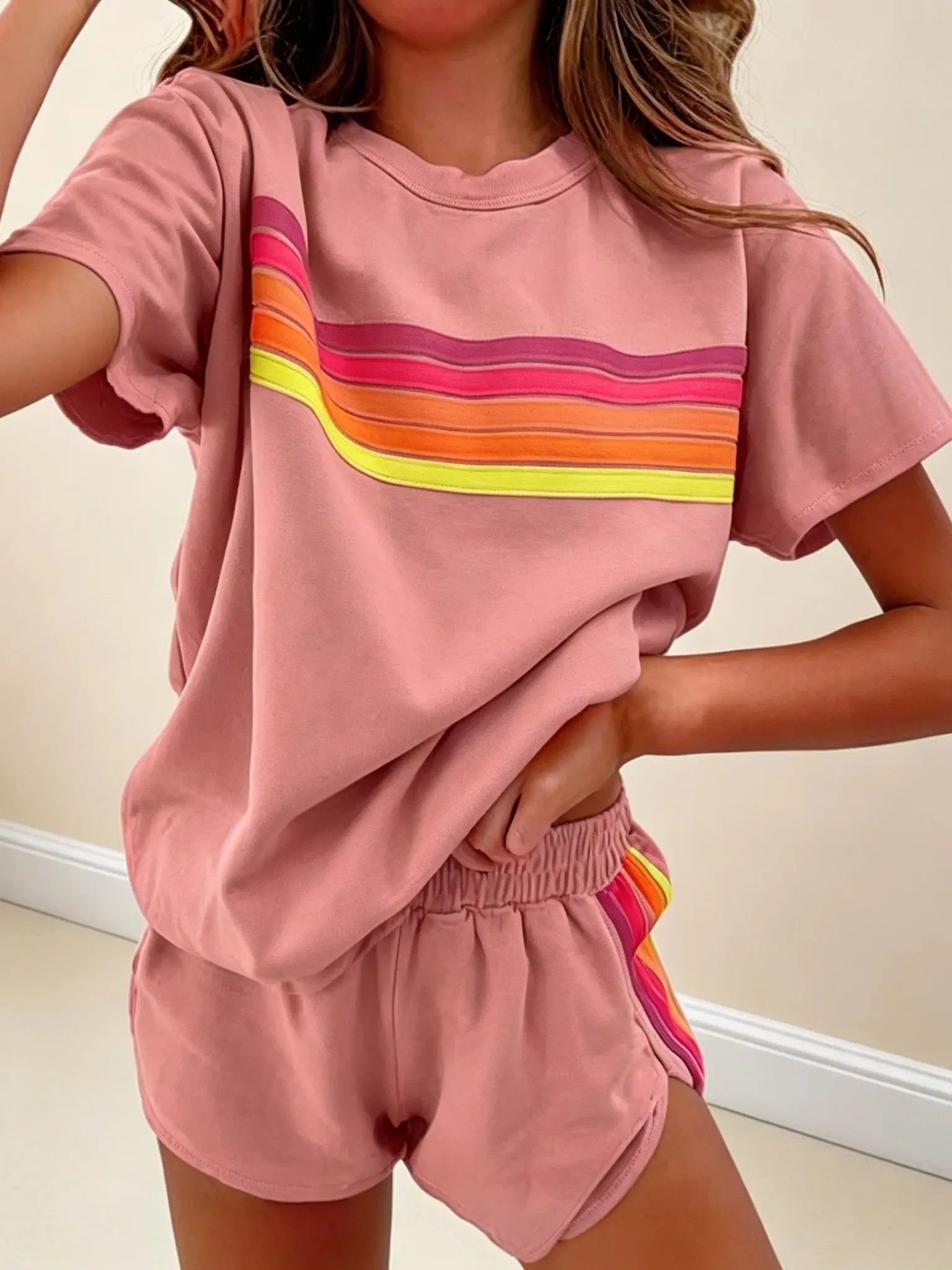 Women's 2-Piece Pajama Set, Casual Rainbow Block Loungewear with Short Sleeves and Contrast Collar, Breathable Polyester Fabric Nightwear Pjs Top Womenswear
