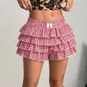 Women's Casual Low Waist Plaid Ruffled Shorts, Bottoms, Womenswear, Campus Clothing, Blue Briefs, Simple Daily Wear, Loose-Fitting, Checkered Casual Shorts
