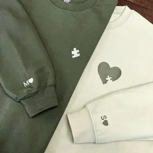 Custom Embroidered Heart and Puzzle Piece Sweatshirt, Initial With Heart On Sleeve, Anniversary Shirt, Couple Hoodie, Valentines Day Birthday Gift