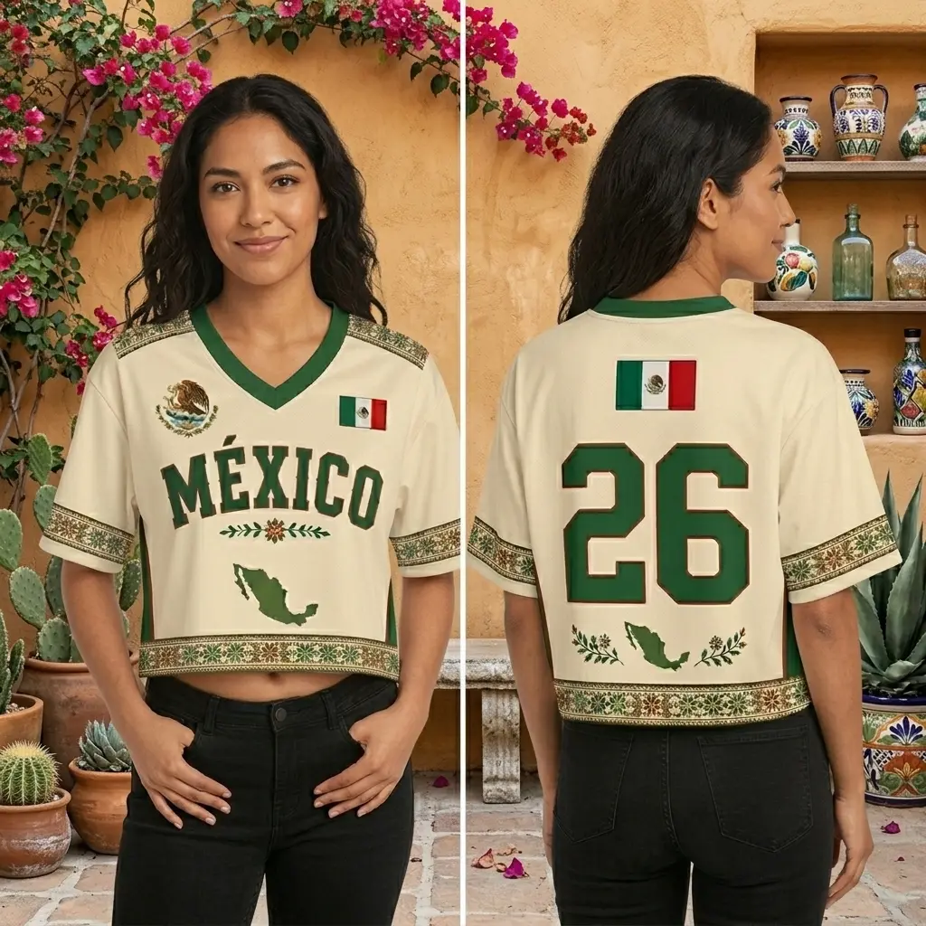 Mexico Crop Top Jersey, Big Soccer Tournament 2026 Women's Cream Green Floral National Team Crop Top with México Map and Traditional Pattern, Perfect Gift for Soccer Fan Girlfriend