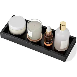 Bathroom Vanity Tray Black Decorative Tray for Counter, 11.2"x 4.3" Small Wood Sink Soap Tray Holder for Kitchen, Dresser Countertop Decor Rectangle Wooden Organizer