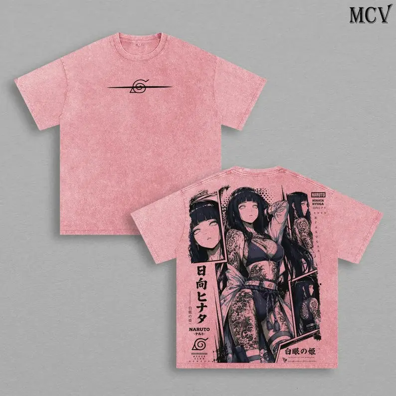 Hinata Hyuga Vintage Washed T-Shirt – Naruto Anime Graphic Tee, Byakugan Princess Oversized Heavy Cotton Shirt, Gothic Manga Streetwear, Unisex Gift for Anime Fans