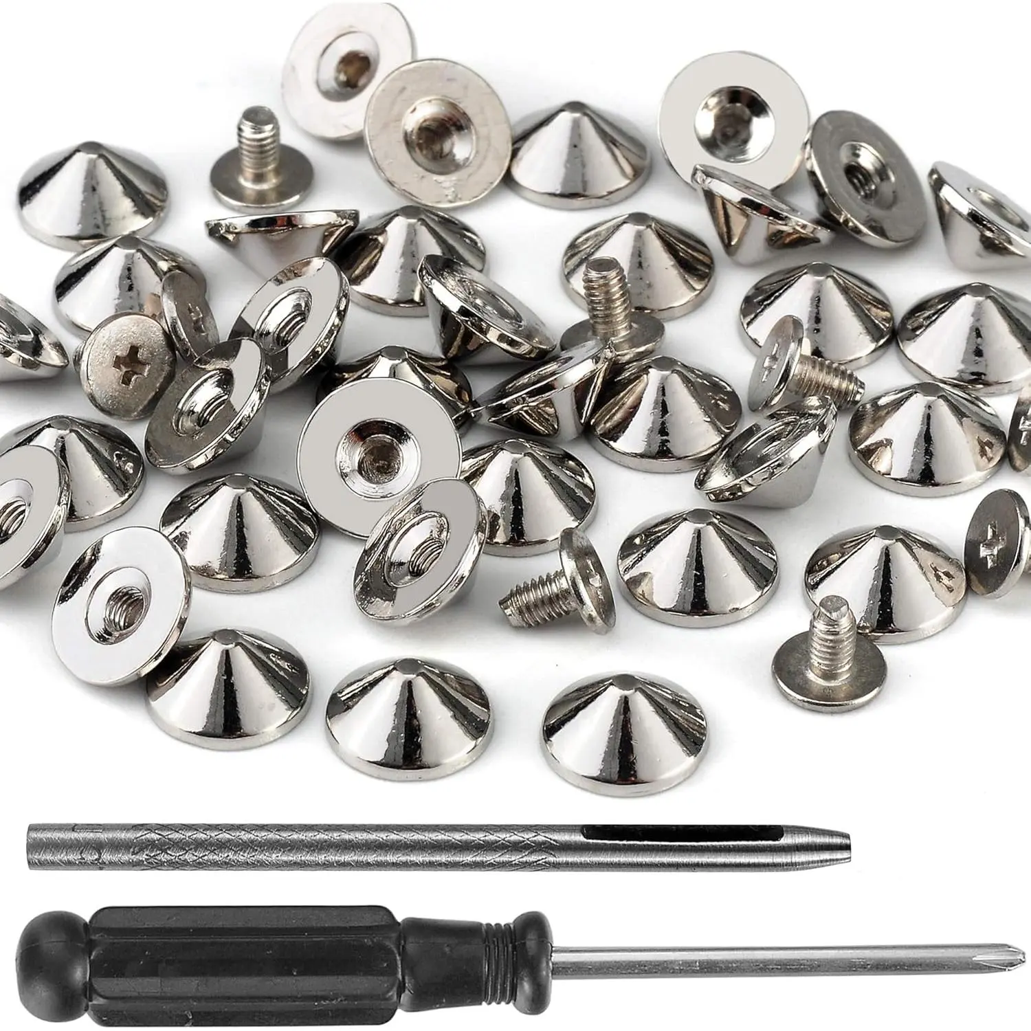 100 Sets Cone Spikes and Studs 4.7MM Height Silver Color 3/16" Bullet Spikes Screw Back Punk Studs and Spikes for Clothing Shoes Leather Craft Belts Bag Rivets with Installation Tools