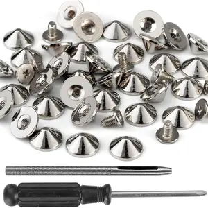 100 Sets Cone Spikes and Studs 4.7MM Height Silver Color 3/16" Bullet Spikes Screw Back Punk Studs and Spikes for Clothing Shoes Leather Craft Belts Bag Rivets with Installation Tools