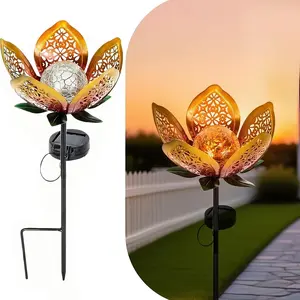 1Pcs Solar Ground Stake Light with Iron Tulip Design, Includes Cracked Glass Ball, Outdoor Garden Lawn Decor, Pathway Decoration, Holiday Gift