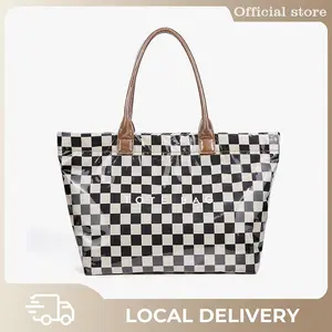 Women's Trendy PVC Tote Bag Plaid Letter Print Large Shoulder Bag Checkered Single Handbag Waterproof Grocery Totes Simple Elegant Vintage Design for School Work Travel & Christmas Gift