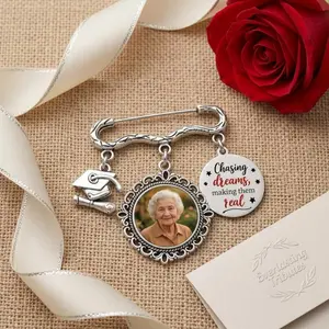 Custom Graduation Photo Pin, Personalized Memorial Keepsake Charm, Silver Quote Brooch for Class of 2026 Senior Graduation Gift