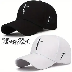 [2pcs/set] Fashionable Black & White Baseball Caps – Delicate Cross Embroidery, Airy Acrylic Duckbill Design, Suitable for Outdoor Sports, Unisex Men & Women, Durable Headwear & Trendy Sports Accessories