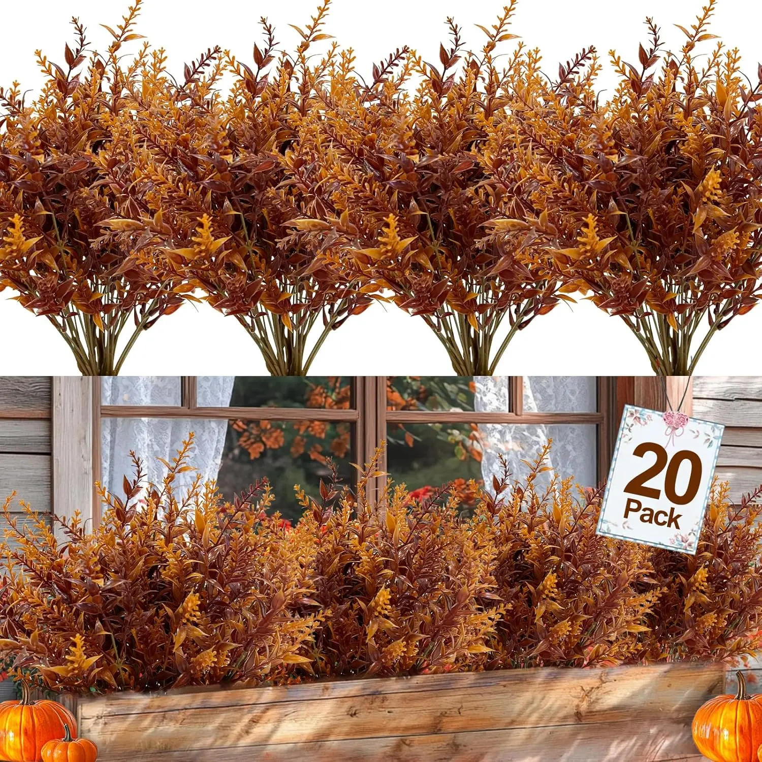 20 Bundles Artificial Fall Flowers for Outdoors Fall Decorations, UV Resistant Artificial Lavender Plastic Faux Fall Flowers Fake Mums Plants Autumn Thanksgiving Decor Home Porch Gardens